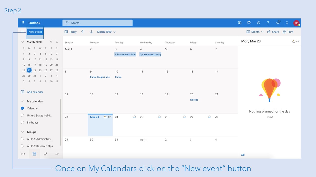 Once on My Calendars click on the “New event” button
