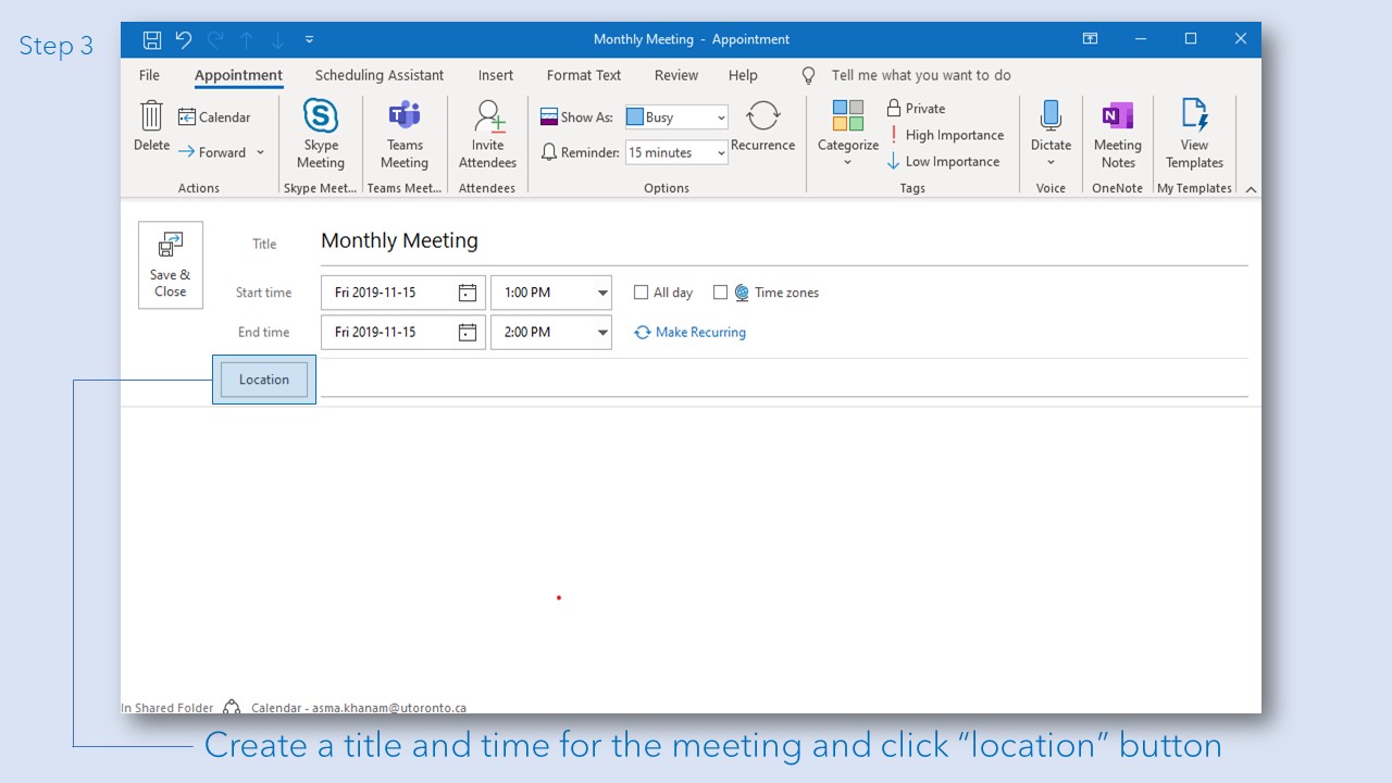 Step 3: Create a title and time for the meeting and click “location” button 