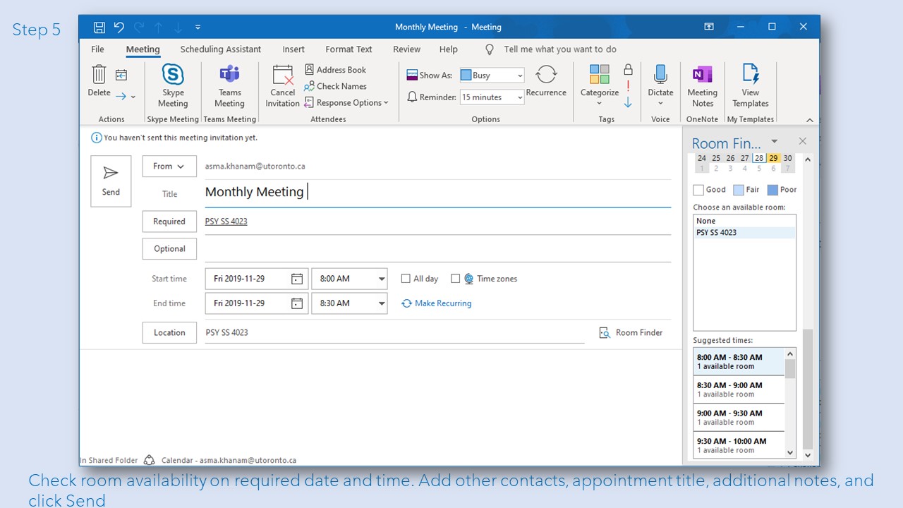 Step 5: Check room availability on required date and time. Add other contacts, appointment title, additional notes, and click Send