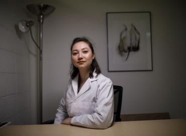 PhD candidate Laura Gravelsins, one of the reachers at University of Toronto&amp;#039;s Einstein Lab who is studying the effects of hormonal contraceptives on the brain, poses for a portrait at in a testing room at the University in Toronto, March 29, 2019.